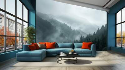 misty mountains enveloped in fog, creating a mystical and serene forest landscape in subdued green t Wall mural