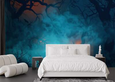 Mysterious Halloween background featuring dark, twisted trees and thick fog illuminated by blue and orange light. Ideal for eerie and atmospheric Halloween designs and promotions. Wall mural