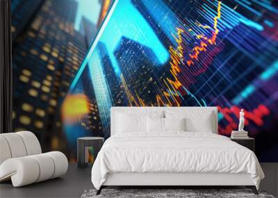 People trading stocks on multiple screens with intense focus, graphs and numbers, symbolizing the fast-paced and high-stakes world of stock market trading. Wall mural