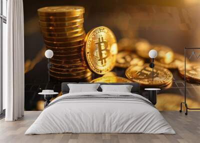 Pile of coins on laptop, symbolizing financial investment or savings. Wall mural