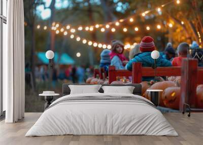 Pumpkin-Filled Wagon Ride at a Rustic Fall Festival during Twilight Wall mural