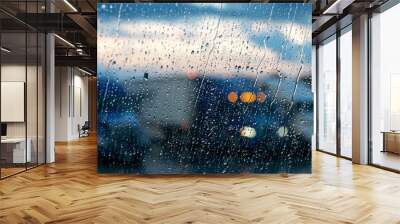 rain drops on window. Unfocused truck  Wall mural