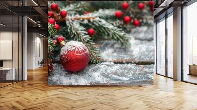 Red Christmas ornaments adorn a Colorado spruce tree, adding festive cheer to winter decor. Wall mural