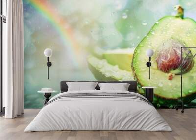 Ripe avocado with water droplets glistening under a vibrant rainbow. Wall mural