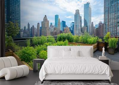 Rooftop garden with city skyline; lush greenery against tall buildings; peaceful oasis above urban hustle; blending nature and cityscape beautifully. Wall mural