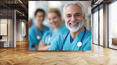 Smiling male doctor with team in background. Wall mural