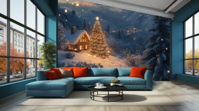 Snow-covered landscape with a quaint cabin nestled among tall pine trees. A red sleigh, adorned with holiday wreaths, sits at the foreground, adding a festive touch to the serene winter scene. Wall mural