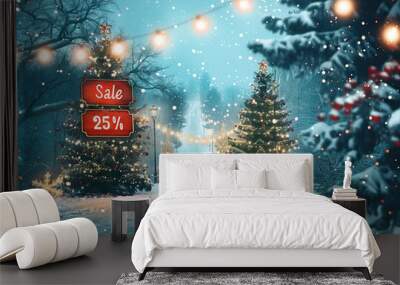 Snow falls gently on a lit Christmas tree, beside a street sign reading 'Christmas Tree Sale, 25%' at night. Winter magic captured in a festive scene. Wall mural