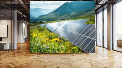 Solar panels on a hillside under a clear blue sky, capturing energy from the sun. Wall mural