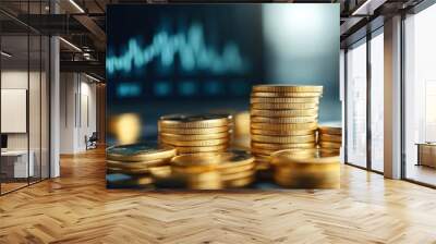 Stack of coins in foreground, chart in background. Financial concept. Wall mural