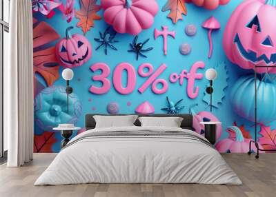 Teal Halloween sale design with a 30% discount text surrounded by pumpkins and spooky decor on a teal backdrop. Wall mural