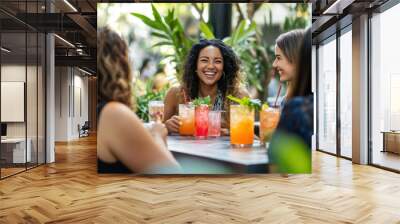 Three women sitting at a table with drinks. Wall mural