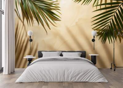 Tropical vibe background with palm leaf shadows casting over a textured beige surface, evoking a summery feel. Wall mural