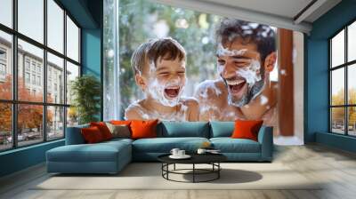 Two boys playing in the bathtub with colorful toys and immense joy. Wall mural