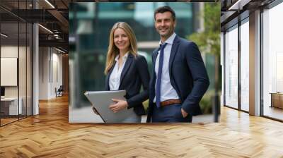 Two business people standing confidently outside a modern office building. Wall mural