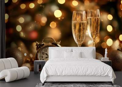 Two champagne glasses toast by a clock, surrounded by festive Christmas decor. Wall mural