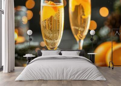 Two glasses of champagne, oranges, and Christmas lights. Wall mural