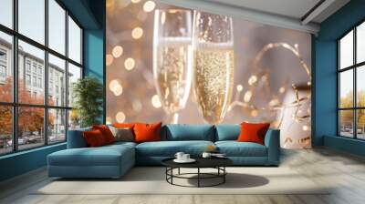 Two glasses of champagne against festive Christmas lights. Wall mural