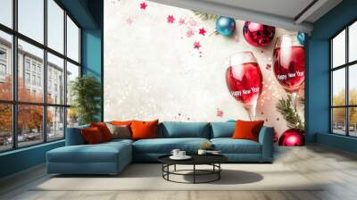 Two glasses of wine amid Christmas decorations and stars. Wall mural