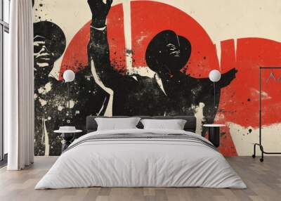 Two men with raised hands posing near a colorful poster. Wall mural