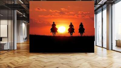 Two people riding horses at sunset, silhouetted against a colorful sky, creating a serene and picturesque scene. Wall mural