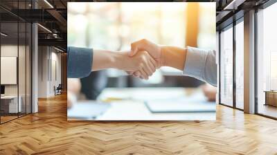 Two people shaking hands in office. Wall mural