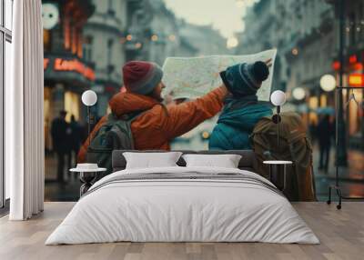 Two travelers in warm jackets and beanies holding a map in a busy European city street, trying to navigate the urban environment. The scene captures adventure, exploration, and travel in a foreign cit Wall mural