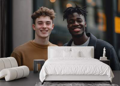 Two young men smiling, standing in front of a building. Wall mural