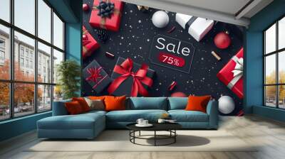 Unlock massive savings with an elegant black background featuring red and white gift boxes and a bold 