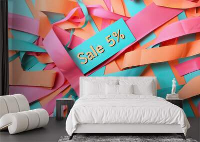 Vibrant 5% sale sign amidst a playful array of colorful paper ribbons, ideal for engaging consumer promotions. Wall mural