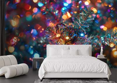 Vibrant Christmas lights twinkle on a festive tree, creating a colorful and magical holiday atmosphere. Wall mural