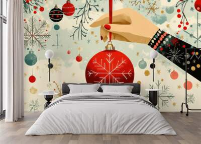 Vintage-style illustration of a hand hanging a red Christmas ornament, set against a festive backdrop of snowflakes and pine branches. Wall mural