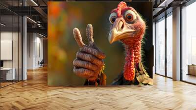 Whimsical animated turkey giving a thumbs up, set in a lush forest background, creating a cheerful and fun scene.  Wall mural