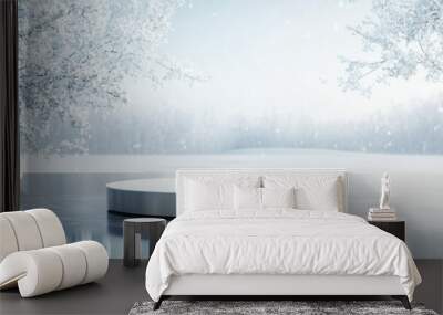 White surface covered in crisp snow, footprints leading into the distance. Clear blue sky above, creating a pristine winter scene. Wall mural