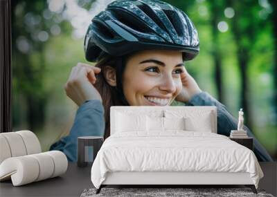 Woman in helmet smiling, holding wrench, fixing bicycle in workshop setting. Wall mural