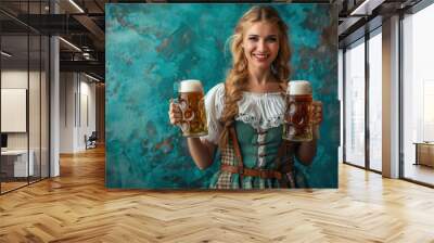 Woman smiling holding a beer mug indoors. She wears a teal dress, standing against a brown wall. Portrait of a girl posing happily. Wall mural