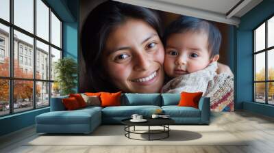 Woman tenderly holding a baby, both gazing at each other, bathed in soft sunlight near a window. Wall mural