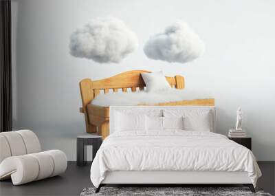 Wooden bench with fluffy cloud hovering above, serene and inviting outdoor setting. Wall mural