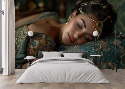 Young Asian woman in ornate traditional attire peacefully sleeping, showcasing cultural beauty and tranquility Wall mural