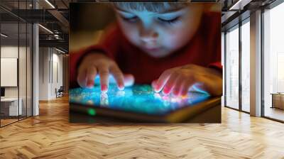 Young boy engrossed in tablet, surrounded by toys, messy room background. Wall mural