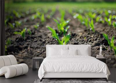 Young green plants stretch across a vast field under the clear blue sky, basking in the sunlight. Wall mural