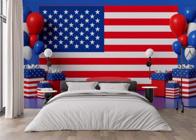 3d rendering modern minimal mockup podium display, united states of america 4th July independence day with center national flag, background for Banner or product Wall mural