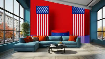 3d rendering modern podium display, united states of america 4th July independence day with vertical national flag on red background for Banner or mockup product Wall mural