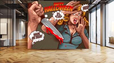 happy halloween cover template  background, horror comic, picture hand holding a knife and woman in very shocked fear,  and speech bubbles, doodle art, Vector illustration. Wall mural