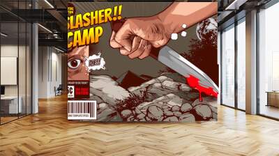 horror comic,slasher camp killer, halloween cover template, Hand holding a knife on night forest background, speech bubbles, doodle art, Vector illustration. Wall mural