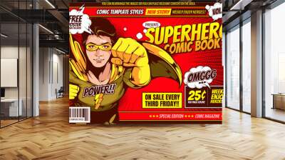 Superhero comic cover template background, flyer brochure speech bubbles, doodle art, Vector illustration, you can place relevant content on the area. Wall mural