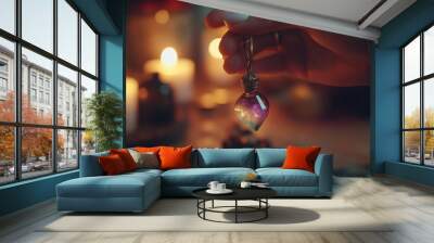 A close-up of a hand holding a crystal pendant over a love potion bottle, with soft candlelight in the background. Ai generated Wall mural