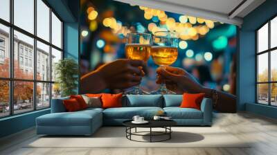 A cozy street bar in Asia with a bokeh background, a group of friends enjoying a meal together, clinking glasses and sharing stories. Ai generated Wall mural