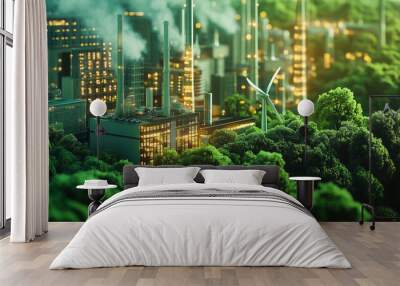 A green industry power plant concept, featuring smart factories and digital technology, integrated with nature and renewable energy sources. Ai generated Wall mural