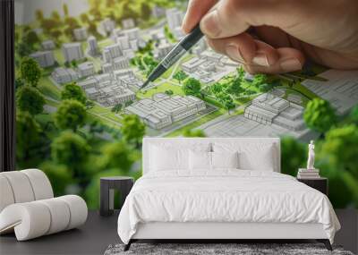 A person drawing a green urban landscape with sustainable architecture and lush trees, environmental planning. Ai generated Wall mural